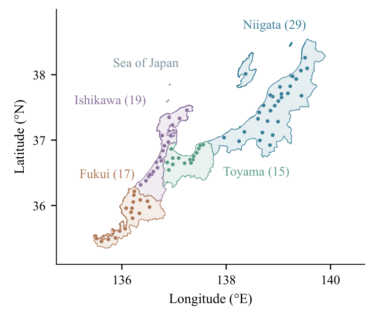 Map of the 80 study municipalities in Fukui, Ishikawa, Toyama, and Niigata.