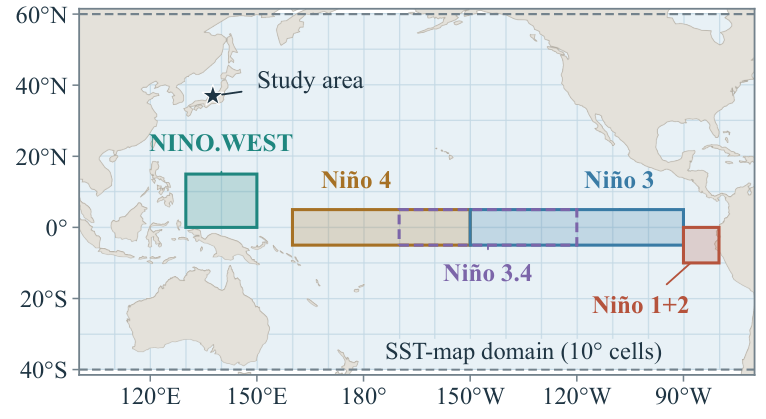 Ocean regions of the SST indices and the domain of the SST maps.